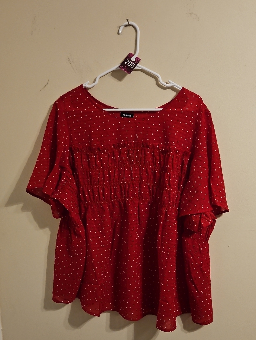 Torrid Red and White Polka Dot Smocked Blouse. NWT